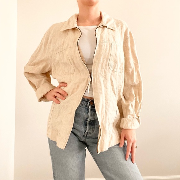 Vintage Jackets & Blazers - Vintage Style & Co Lightweight Beige Linen Zip Jacket
